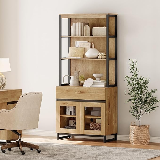 WAMPAT Modern 72" Tall Bookcase with Drawer and Open Book Shelfs, Library Book Shelf with Glass Doors Storage Cabinet, Wood Freestanding Bookshelf for Home Office, Living Room, Oak