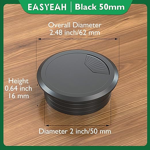 2 Pcs Desk Grommet 2" / 50 mm, Desk Cord Hole Cover, Cable Grommet ABS Plastic, Desk Hole Grommet for Home & Office Pc, Detachable Adjustable Cable Cord Organizer-Black