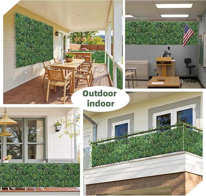 Artificial Boxwood Panel 8 Pieces 20"x20", Green Grass Wall Backdrop Wall for Fence Patio Backrop Balcony, Faux Ivy Privacy Fence Screen, 5 PCS Vines, 60 PCS Violet Flower, 2 PCS Light Strip