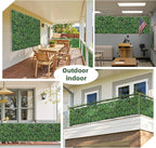 Artificial Boxwood Panel 8 Pieces 20"x20", Green Grass Wall Backdrop Wall for Fence Patio Backrop Balcony, Faux Ivy Privacy Fence Screen, 5 PCS Vines, 60 PCS Violet Flower, 2 PCS Light Strip