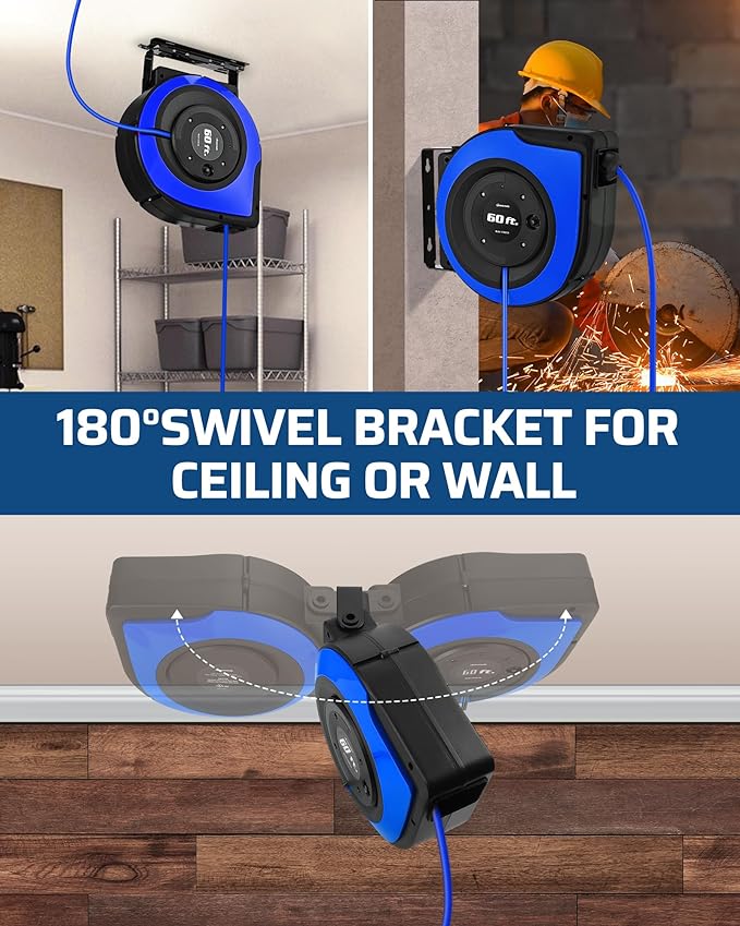 DEWENWILS Retractable Cord Reel, 60FT Heavy Duty Extension Cord, 12AWG/3C SJTOW, 3 Grounded Outlets Lighted Triple Tap, 15A Circuit Breaker, Wall/Ceiling Mounted for Garage, Workshop, UL Listed, Blue