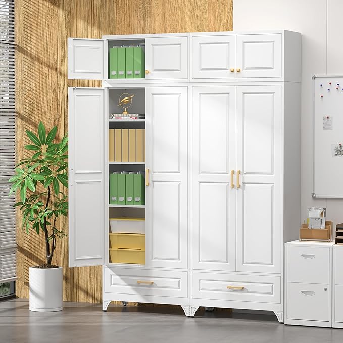 90" Kitchen Pantry Cabinet with Drawer, Metal Storage Cabinets with Doors and 4 Adjustable Shelves,White Kitchen Cabinet with 2 Gold Handles,Food Cupboard for Livingroom,Pantry, Bathroom