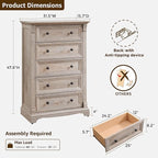 T4TREAM Farmhouse 5 Drawers Dresser for Bedroom, 47" Tall Wood Rustic Chest of Drawers, Vintage Design with Metal Handle, Light Rustic Oak