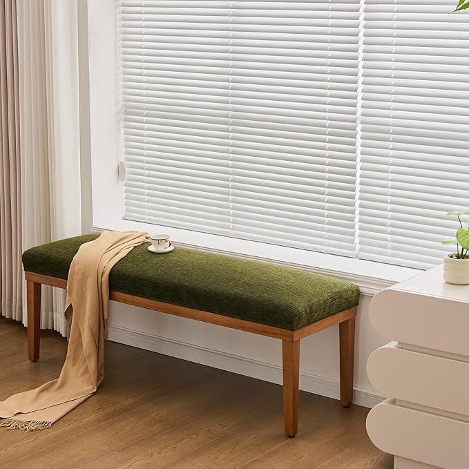 Rowill 53 Inch Long Entryway Bench for Bedroom End of Bed, Dining Room Bench with Upholstered Padded Seat and Solid Wood Leg for Kitchen, Living Room, Indoor and Hallway, Green