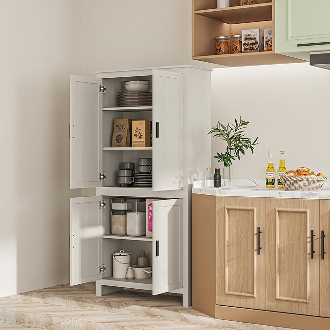 HOMCOM 64" Kitchen Pantry Cabinet, Freestanding Storage Cabinet with 4 Doors and 3 Adjustable Shelves for Dining Room, Antique White