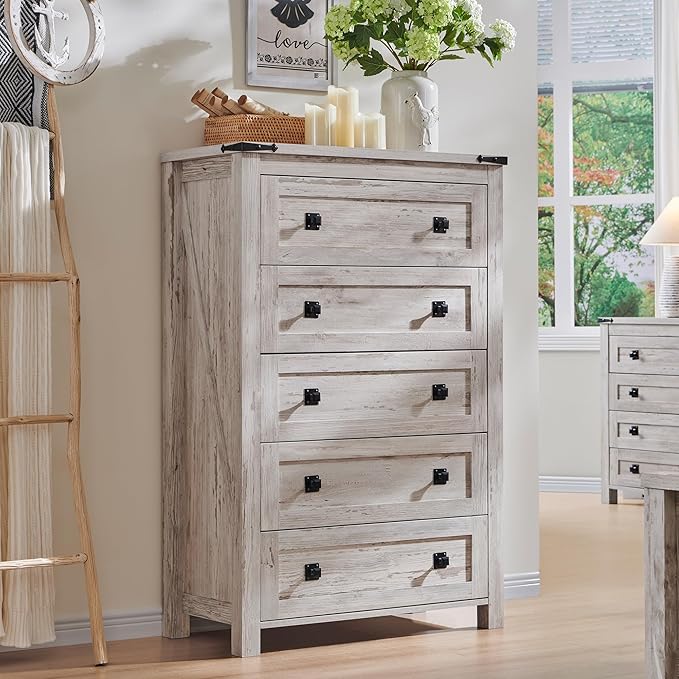 RedLemon Farmhouse 5 Drawer Dresser, 48" Tall Rustic Chest of Drawers, Wood Dresser for Bedroom, Living Room, Hallway, Antique Brush White