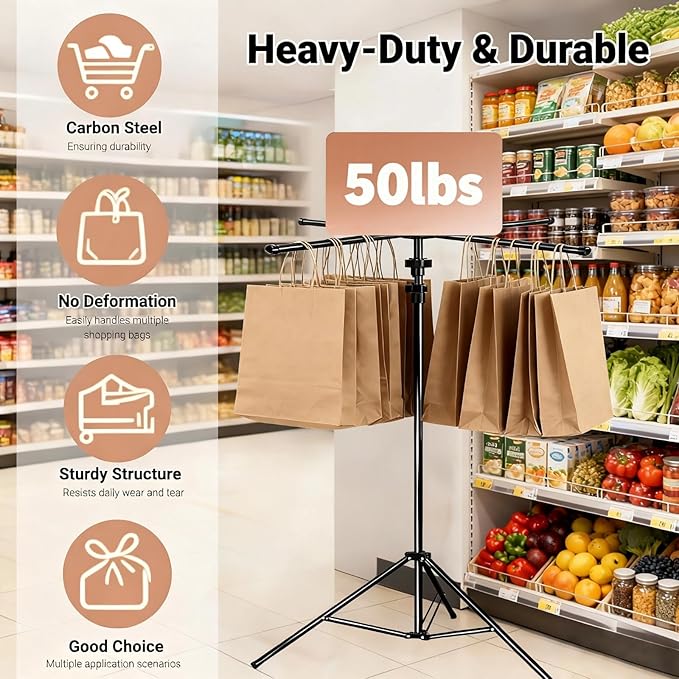 Heavy Duty Metal Shopping Bag Rack - Adjustable Height 51" to 71", Foldable Bag Holder Stand with Storage Bag, Retail Display Stand for Store/Boutique/Mall (Holds 50lbs)