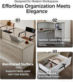 Modern L-Shaped Reception Desk with Counter - 79 inch Front Desk Reception Counter with Open Shelves, Lockable Drawer & Keyboard Tray for Office, Lobby, Checkout (Tobacco Wood + Iron Gray - Right)