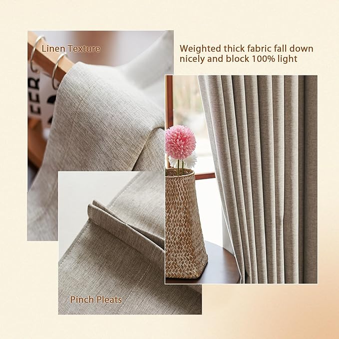 Textured Linen Pinch Pleated 100% Blackout Curtains for Bedroom/Living Room Blackout Curtains 102 Inches Long, Energy Saving Window Treatment Curtains,26Wx102Lx2,Sand Beige