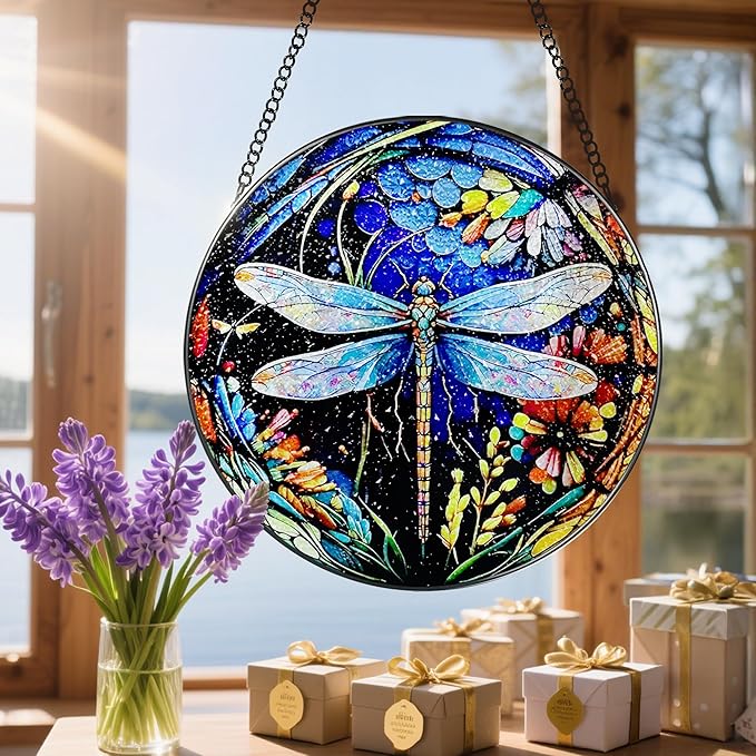 8 Inch Stained Glass Suncatcher Ornament, DOUHASU Dragonfly Sun Catchers Indoor Window, Stained Glass Window Hanging, Home Decor, Dragonfly Lovers Gifts for Women, Mom, Grandma, Friend