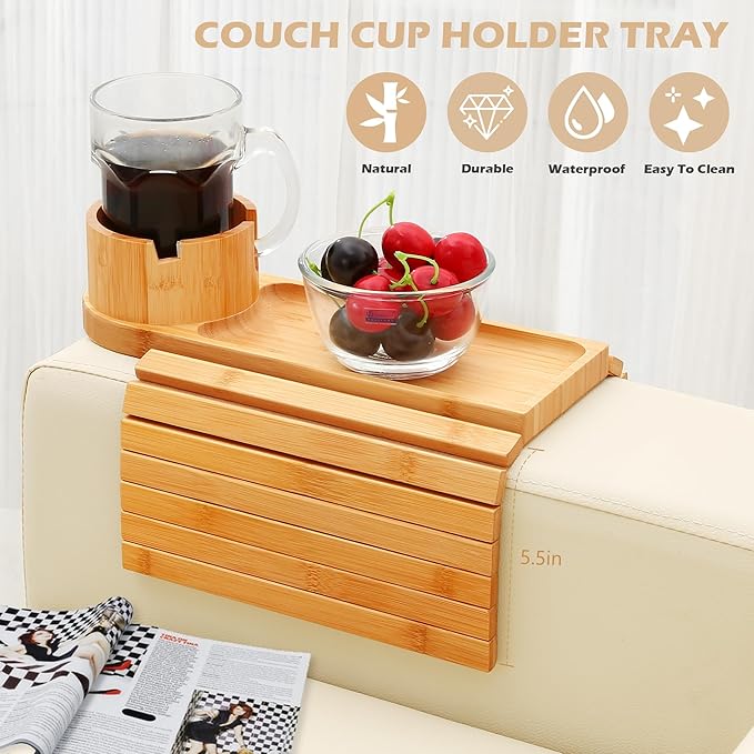 Couch Cup Holder Tray, 15.75" Bamboo Cup Holder for Couch, 3 in 1 Foldable Arm Chair Clip on Side Tray Table for Remote Snack Table on Armrest