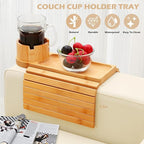 Couch Cup Holder Tray, 15.75" Bamboo Cup Holder for Couch, 3 in 1 Foldable Arm Chair Clip on Side Tray Table for Remote Snack Table on Armrest