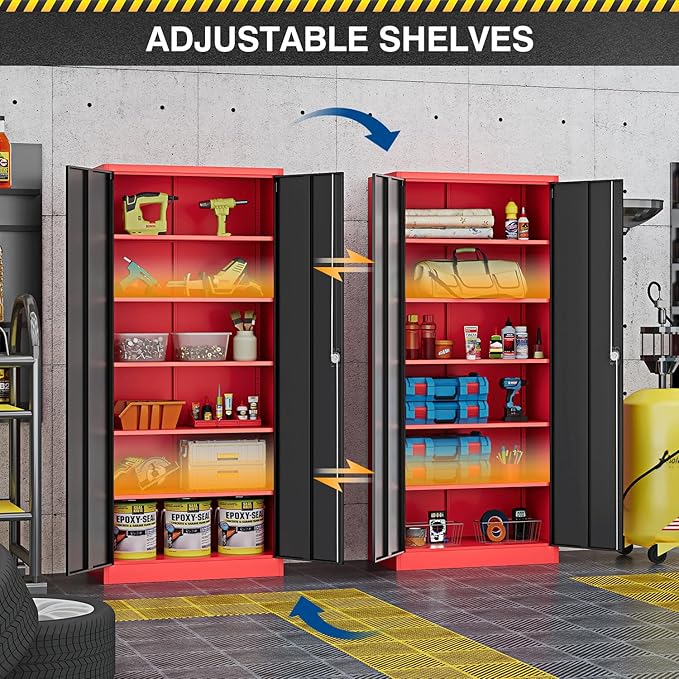 Metal Storage Cabinet-72” Tall Steel File Cabinets with Lockable Doors and Adjustable Shelves-Black&Red Steel Storage Cabinet for Kitchen, Office, Garage