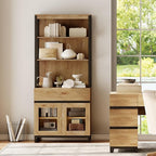 WAMPAT Modern 72" Tall Bookcase with Drawer and Open Book Shelfs, Library Book Shelf with Glass Doors Storage Cabinet, Wood Freestanding Bookshelf for Home Office, Living Room, Oak
