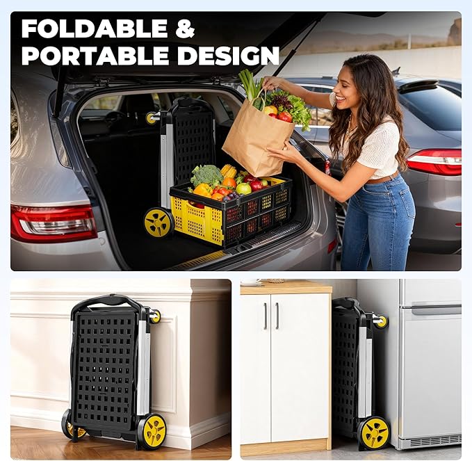 Collapsible Shopping Cart with Wheels, 8-in-1 200LBS Capacity Grocery Cart on Wheels with 2 Storage Crate, Folding Utility Cart for Shopping, Travel, Supermarket, Office, Yellow