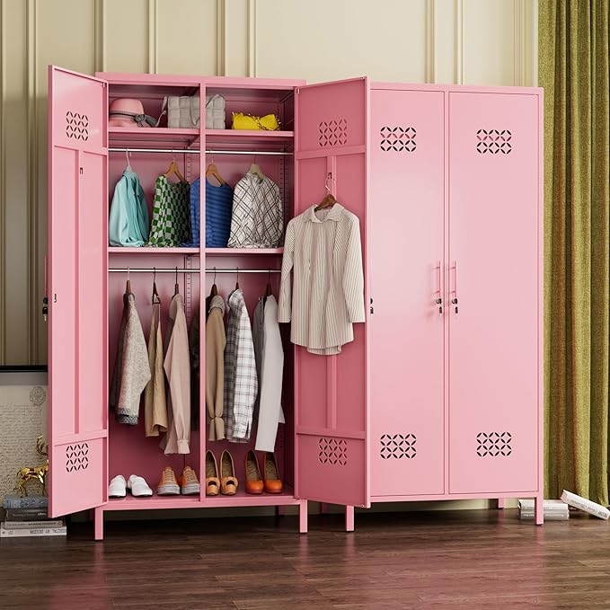 Aobabo Metal Wardrobe Cabinets with Lock, 2 Door Metal Closet wtih 4 Adjustable Shelves and 2 Hannging Rod, Lockable Locker Cabinet, Storage Locker for Home, Office,Pink, Assembly Required