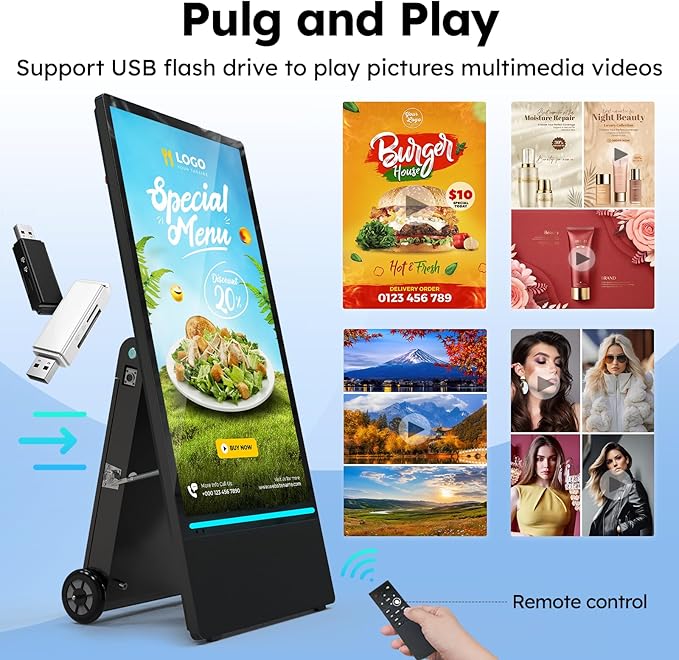 43 inch Rechargeable Portable Outdoor Digital Signage Displays, 2K FHD, IP65 Waterproof, Smart LCD Split Screen, Brightness Auto-Adjustment Movable Advertising Kiosk with Android OS