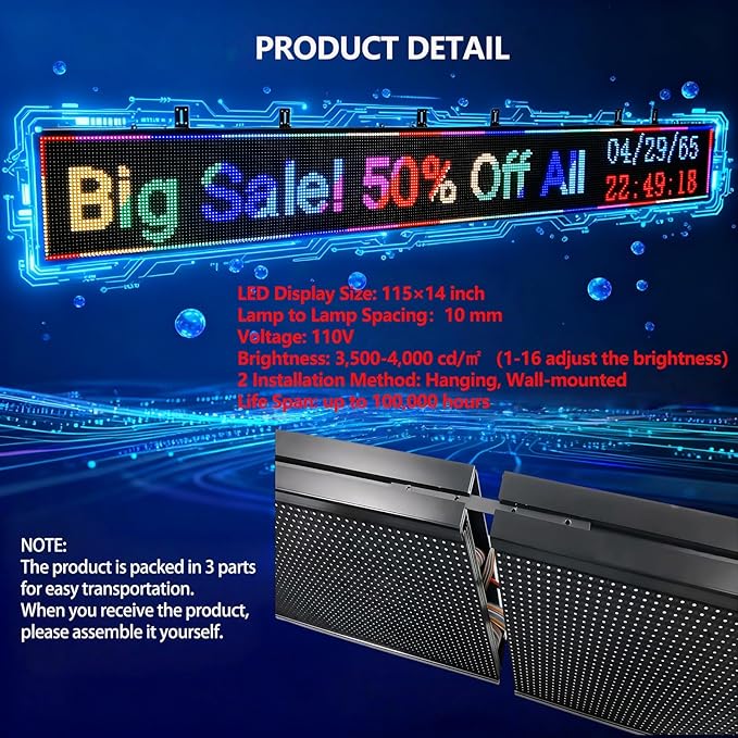 115”x 14” Programmable Scrolling LED Sign Custom, Outdoor P10 Digital Sign Support Wifi & USB, Full Color Led Open Signs for Business, Advertising Display Board