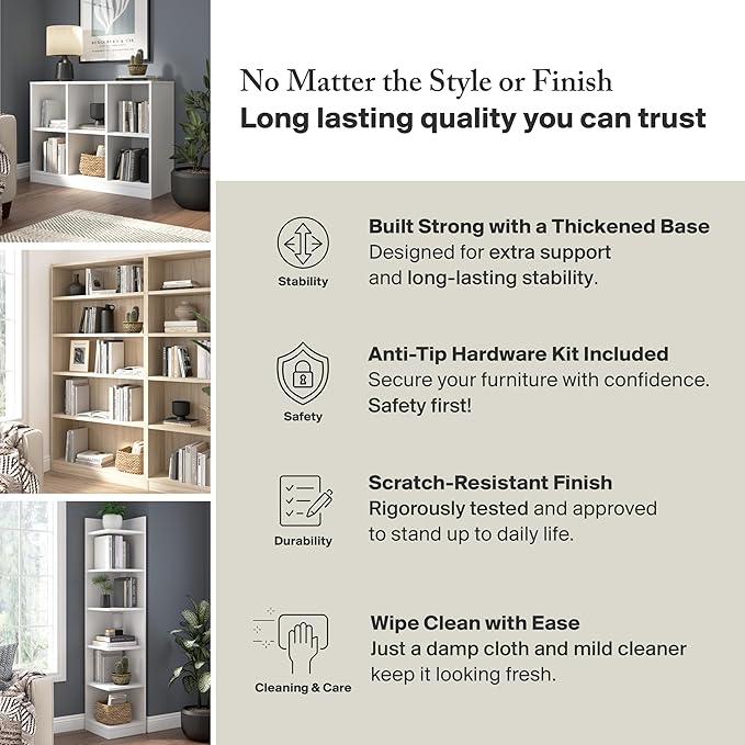 Bush Furniture Universal Tall 5 Shelf Bookcase in Ash Gray, Vertical Storage and Display Bookshelf for Home Office or Living Room Organization