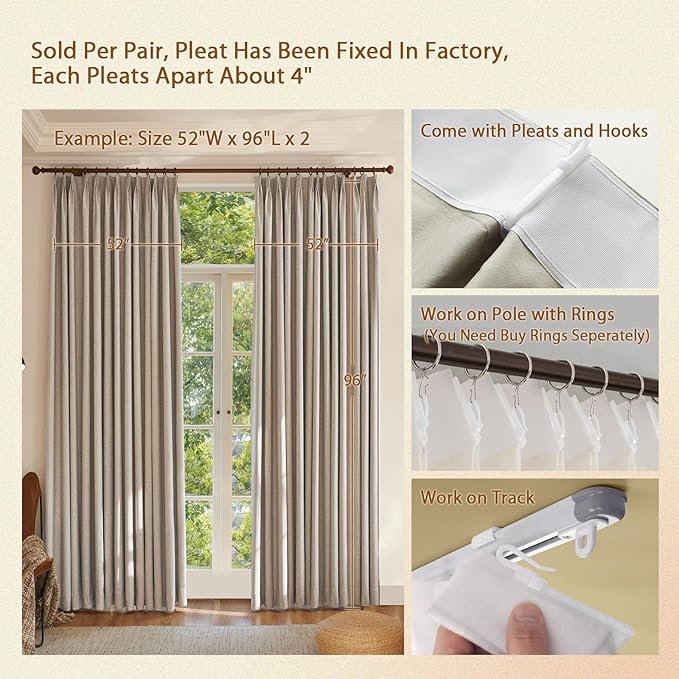 Textured Linen Double Pleats 100% Blackout Curtains for Bedroom/Living Room Blackout Curtains 108 Inches Long, Energy Saving Window Treatment Curtains,84Wx108Lx2,Sand Beige
