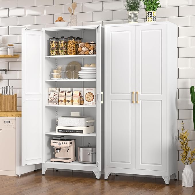 Kitchen Pantry Cabinet, 75" H Metal Storage Cabinet with Doors and Shelves, 4 Standing Feet, Cupboard for Kitchen, Dining, Living Room, 16" D x 32" W x 75" H, White, Assembly Required