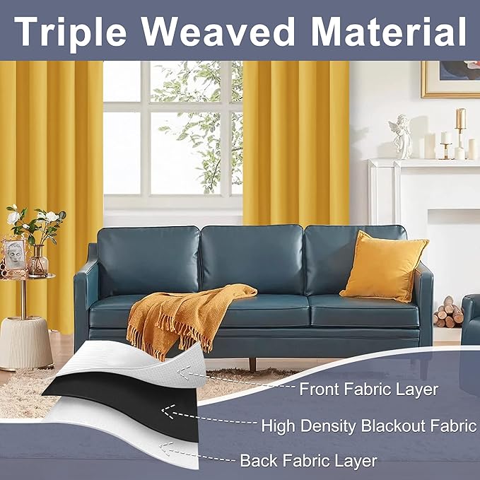 JIUZHEN Blackout Curtains for Bedroom - Thermal Insulated Room Darkening Noise Reducing, 60 x 63 Inch Length Curtains for Living Room, Set of 2 Panels with Tiebacks, Mustard Yellow