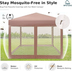 MFSTUDIO 10'x10' Pop Up Canopy Tent with Netting, Portable Instant Folding Canopy, Outdoor Canopy Screen Event Tent with 4 Zippered Mesh Netting for Garden, Brown
