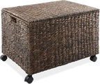 Casafield Rolling Storage Basket Cart with Lid and Locking Wheels, Espresso - Handwoven Water Hyacinth Divided Recycling Sorting Bin for Kitchen, Laundry Room, Garage