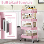 TOOLF 4-Tier Metal Rolling Cart with Wheels, Storage Utility Organizer Cart for Kitchen, Bathroom, Office, Baby Essentials & Makeup - Lockable Casters, Easy Assembly, Large Capacity, Pink