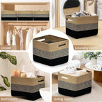 3 Pack Shelf Woven Storage Basket, Closet Rope Baskets For Organizing, 15 x 10 x 9” Square Bins with Handles, Black+Brown