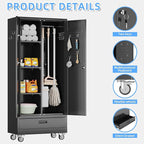 Broom Closet Storage Cabinet with Wheels and Drawer,Garage Storage Cabinet with Magnetic Doors,Pegboard and Adjustable Shelves for Garage Home Office,Required Assembly,Black