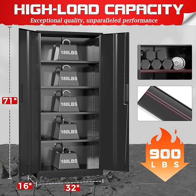 Superday Metal Garage Storage Cabinet with Lock, 71" H Lockable Storage Cabinets with Doors and 4 Adjustable Shelves, Locking Cabinet for Office, Home, Garage, Gym, School (Black)