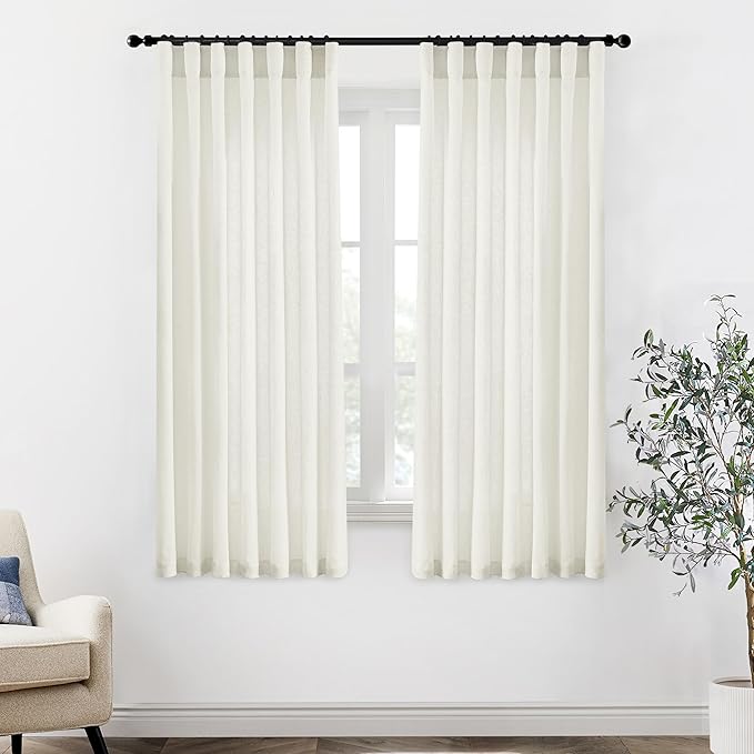 XTMYI 63 Inch Length Linen Sheer Curtains for Bedroom 2 Panels Back Tab Hooks Pleat Rod Pocket Light Filtering Semi Transparent Opaque Drapes for Living Room Bathroom Window,50x63 in Long,Cream Beige