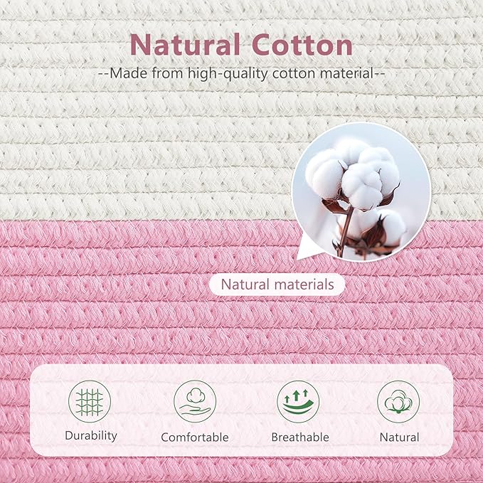 Cotton Rope Basket, Storage Baskets with Handle, 15x10x9 Inch Woven Basket for Shelves, Laundry, Towels, Clothes, Books (White/Pink 3Pack)