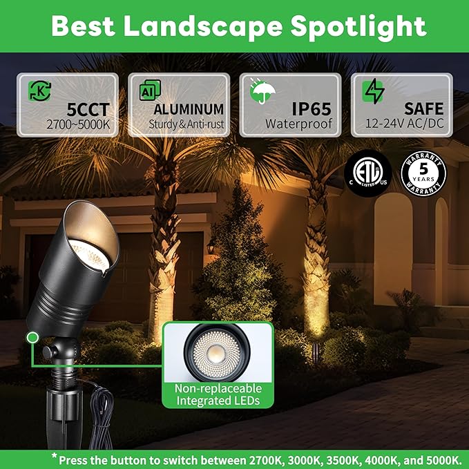 Low Voltage Landscape Lights - Warm White Cool White LED Outdoor Spotlights, 12V Spot Lights Waterproof Hardwired, Adjustable Color Temp Aluminum, Black for Wall Wash Flag 10 Pack