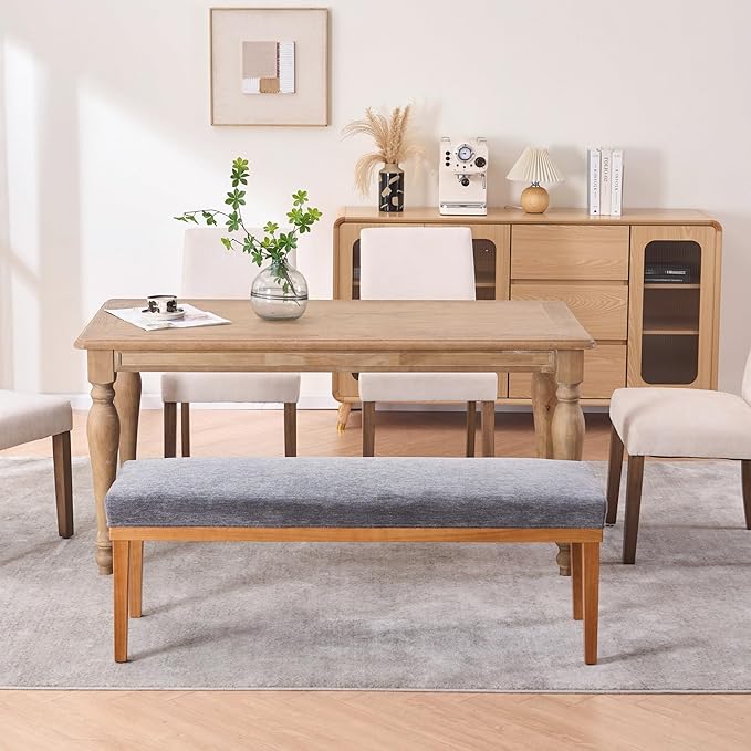 Rowill 53 Inch Long Entryway Bench for Bedroom End of Bed, Dining Room Bench with Upholstered Padded Seat and Solid Wood Leg for Kitchen, Living Room, Indoor and Hallway, Gray