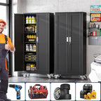 Metal Garage Storage Cabinet with Lock, Steel Tool Cabinet with 2 Doors and 5 Adjustable Shelves, 75” Tall Lockable File Cabinet with Wheels, Organization for Home Office Garage Gym - Black