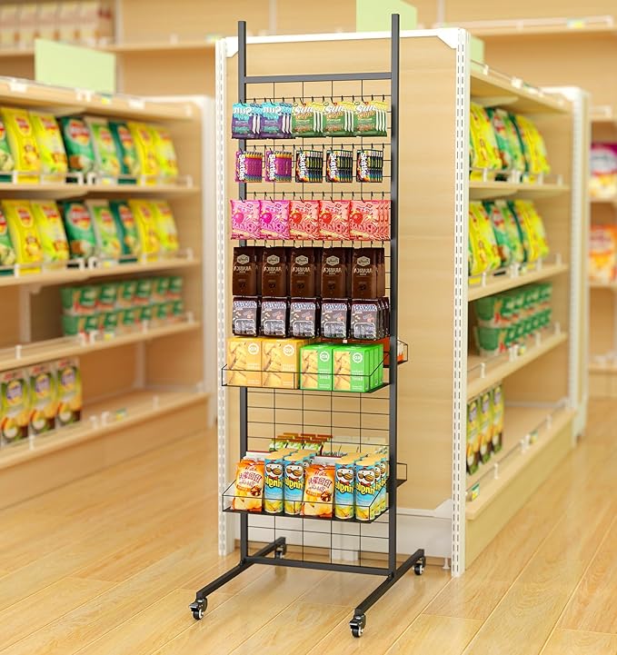Retail Candy Display Rack, 70in Large Retail Display Shelf, Snack Rack Display Stand with Wheels and 50 Hooks, Removable Store Display Shelving Organizer Supermarket, Home, Kitchen