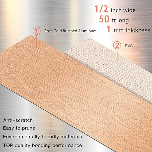GSCIT Club Rose Gold Edge Banding, 1/2 Inch x 50ft Aluminum Brushed Edge Banding PVC Edge Trim for Cabinet Repair Furniture