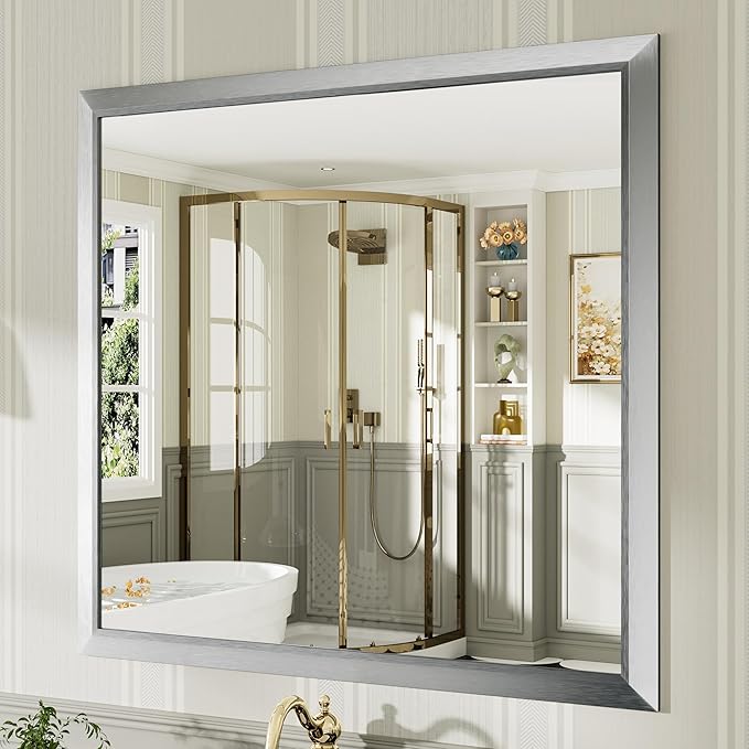 40x38 Inch Brushed Nickel Bathroom Mirror for Wall, Thick Metal Framed Rectangle Mirrors for Over Sink, Bedroom, Living Room, Entryway, Anti-Rust, HD Tempered Glass