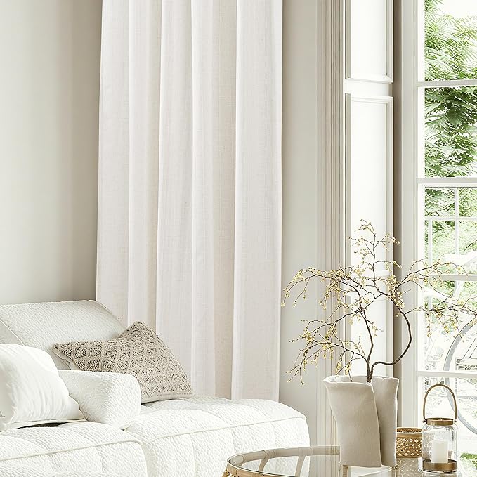 NICETOWN Natural Boho Linen Curtains 96 inches Long, Jacquard Weave Privacy Light Filtering Drapes for Bedroom/Living Room, W52 x L96, 2 Panels