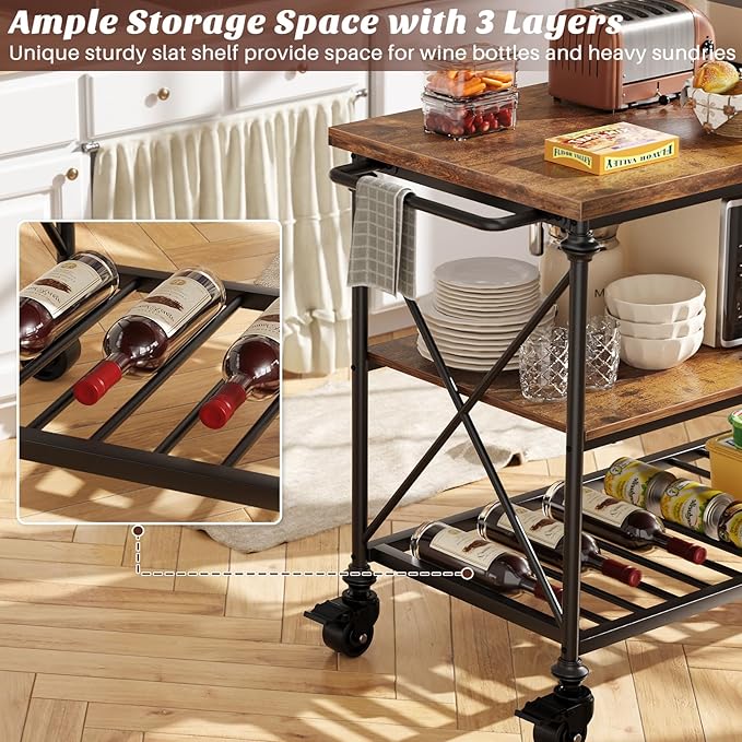 Homieasy Kitchen Island Cart with Wheels, 3-Tier Wood and Metal Rolling Kitchen Island Table with Pipe Legs, Storage Shelves & Lockable Casters for Kitchen Dining Room, Rustic Brown