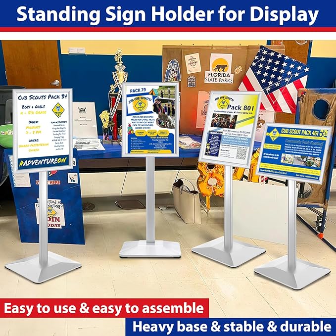 Pedestal Sign Holder 11x17inch Adjustable Floor Stand With Heavy Base & Snap Frame Display for Indoor Outdoor Business Store Poster (Silver)