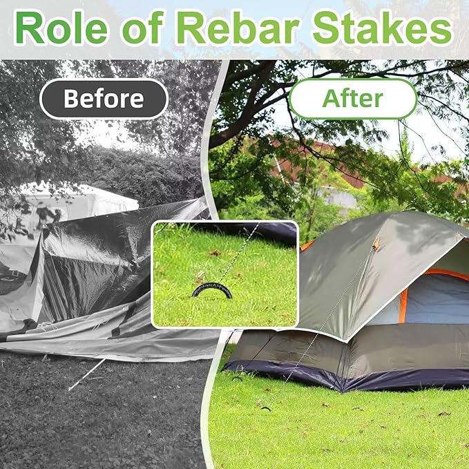 Black Rebar Stakes 12 inch (16pcs) - Heavy Duty 6mm Metal J Hook Ground Stakes,Galvanized Steel for Tent,Bounce House,Fence,Dog Coop,Artificial Turf,Outdoor Plants,Christmas & Holiday Decorations