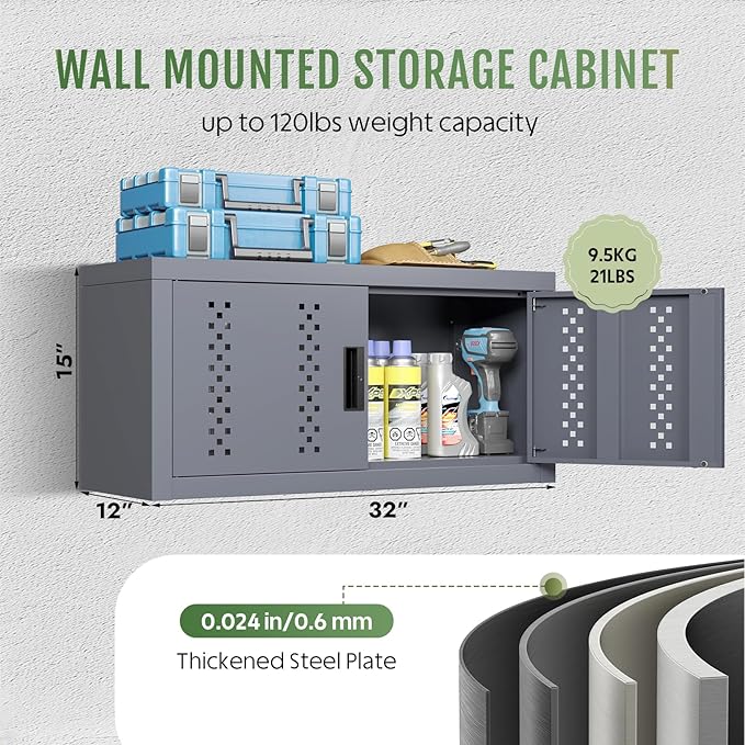 Small Wall Cabinet, Metal Garage Wall Mounted Storage Cabinets, Floating Garage Tool Cabinet with 2 Doors, Heavy-Duty Tool Organizer, Utility Wall Cabinet for Warehouse, Basement, Kitchen