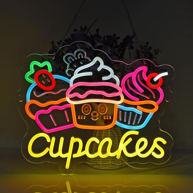 Cupcakes Neon Sign, Cupcakes Neon Lights Hanging Wall Art Decoration for Bakery Cafe Business Service Home Shop/Truck, USB Powered Ultra Bright Dimmable, 14.17×12.6 inches
