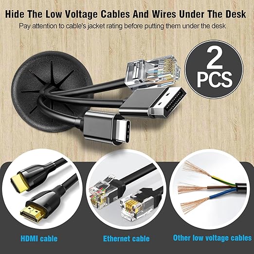 2-3/8" Black Desk Grommet, JTemgle Flexible Cable Grommet Rubber Cable Hole Cover Wire Organizer Caps Desktop Cord Management for Home Office TV Stands Tabletops, 2 Pieces