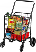 YITAHOME Folding Shopping Cart with Wheels, Large Rolling Grocery Cart, Reinforced Mesh Bottom, Foldable Utility Cart for Groceries, Laundry & Storage (Portable, Collapsible, Sturdy)