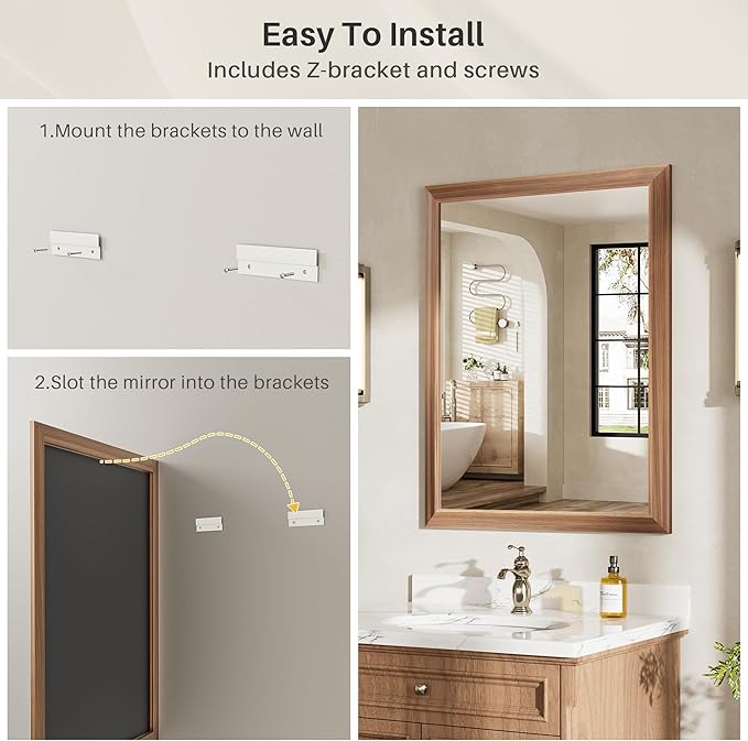 36x36 Inch Bathroom Mirror for Wall, Anti-Rust Walnut Wood Grain Metal Framed Bathroom Mirrors for Over Sink,Rectangler Mirrors for Bathroom Vanity, Farmhouse, Bedroom, Living Room, Entryway Decor
