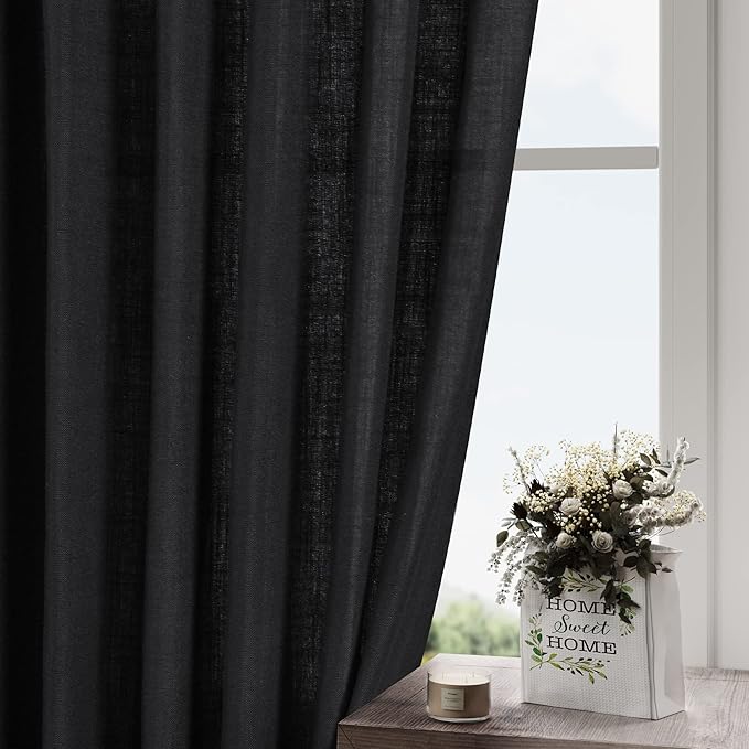 Nanspring Black Linen Textured Curtains for Living Room 60 Inches Long 2 Panels Set Back Tab Rod Pocket for Bedroom Kitchen Short Semi Sheer Light Filtering Protect Privacy Window Drapes W52xL60